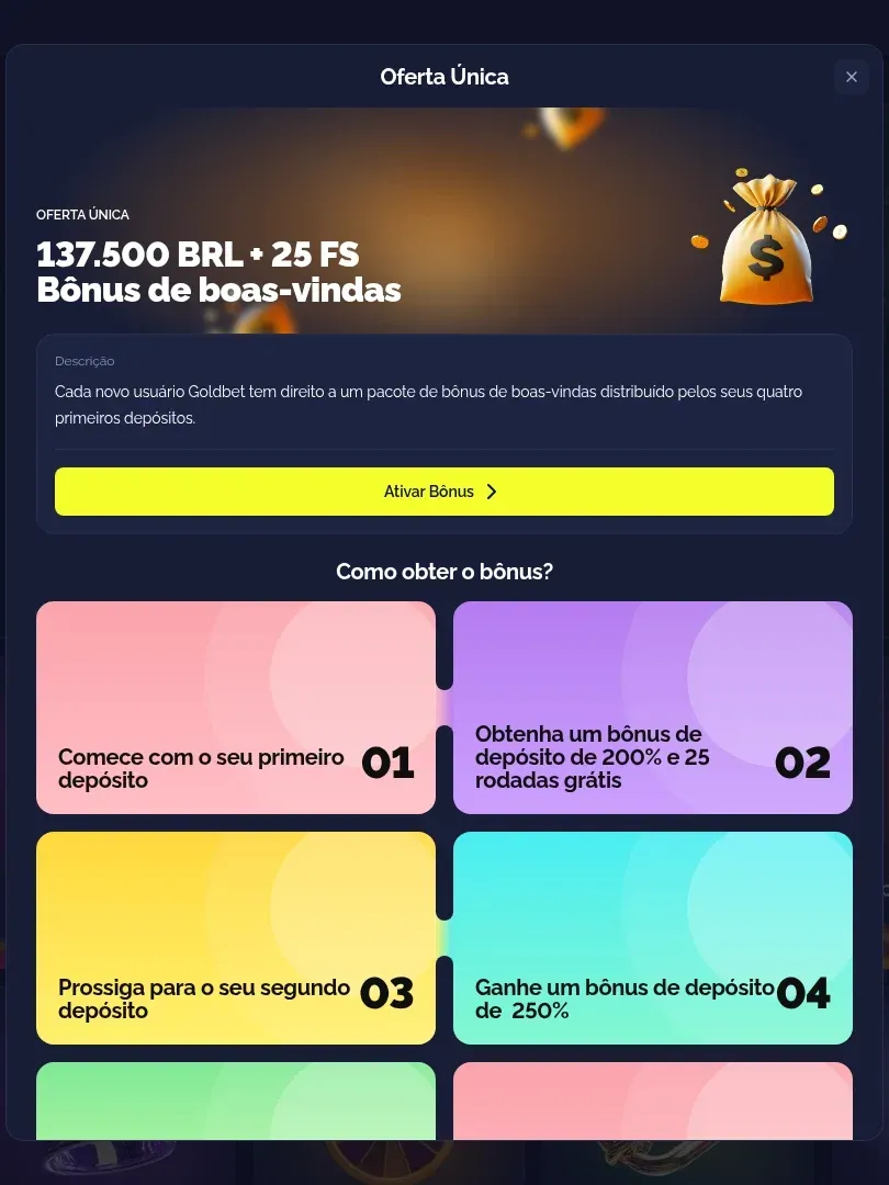 Goldbet: the welcome package window, step by step